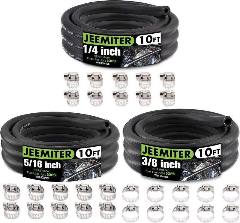 Jeemiter Fuel Line Hose Assortment Pack - 1/4", 5/16", 3/8" ID x 10FT Each with 30 Clamps - SAE 30R7 NBR Rubber Multi-Size Kit for Small Engine, Automotive, Marine Repair - Image 1